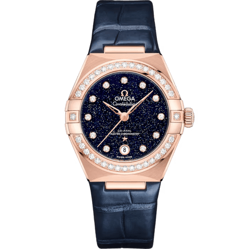 OMEGA Constellation co-axial Master Chronometer 29 mm watch, luxury wristwatch with blue dial starry pattern, diamond-set bezel, rose gold case, and navy leather strap.