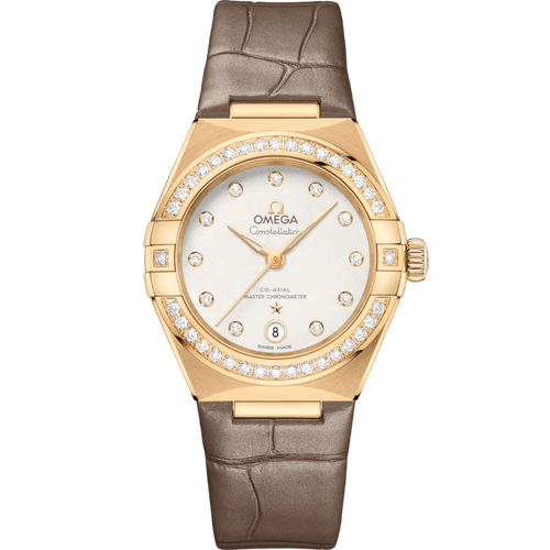 OMEGA Constellation Co-Axial Master Chronometer 29 mm watch, luxurious gold case with diamond-studded bezel, white dial with diamond hour markers, brown leather strap.