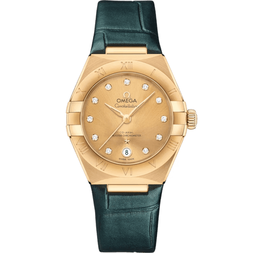 OMEGA Constellation co-axial Master Chronometer 29 mm, gold watch with diamond markers and a dark green strap.