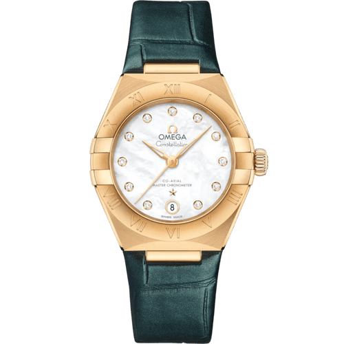 Omega Constellation co-axial Master Chronometer 29 mm watch, luxury women's timepiece with a gold case, diamond hour markers, and a green leather strap.