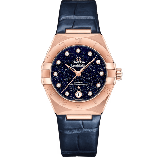 OMEGA Constellation co-axial Master Chronometer 29 mm, luxury wristwatch with a rose gold case, dark blue dial with diamond hour markers, and a dark blue leather strap.