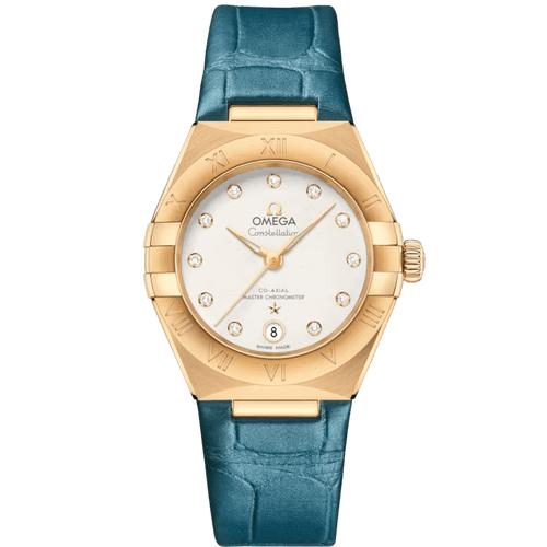 Omega Constellation co-axial Master Chronometer 29 mm watch, gold case with diamond hour markers, white dial, blue leather strap.