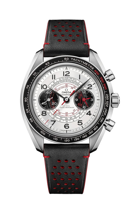 Omega Speedmaster Chronoscope Co-Axial Master Chronometer Chronograph 43mm, detailed view of the watch face with multiple subdials, tachymeter scale, and a black and red perforated leather strap.