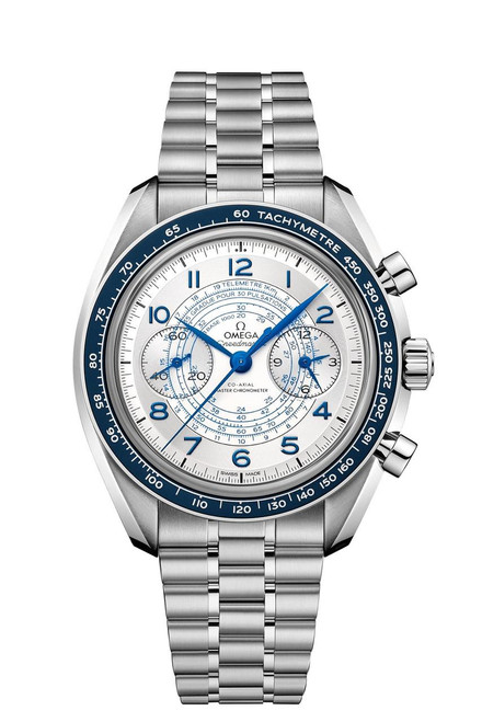 OMEGA Speedmaster Chronoscope co-axial Master Chronometer Chronograph 43 mm, stainless steel watch with silver and blue dial, tachymeter scale, and multiple sub-dials.