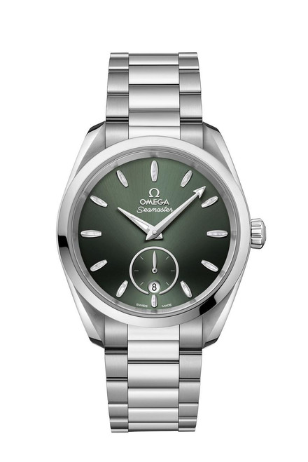 Omega Seamaster Aqua Terra 150M co-axial Master Chronometer Small Seconds 38 mm watch, stainless steel bracelet with green dial, date display at 6 o'clock, and small seconds sub-dial.