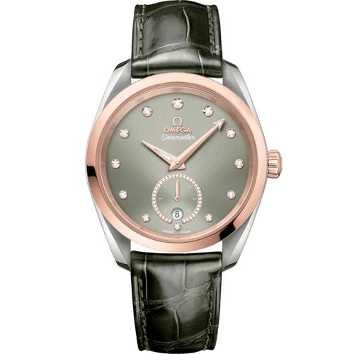 OMEGA Seamaster Aqua Terra 150M co-axial Master Chronometer Small Seconds 38 mm, luxury wristwatch with a green dial, diamond hour markers, and a black leather strap.