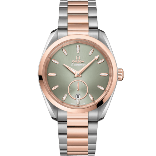 Omega Seamaster Aqua Terra 150M co-axial Master Chronometer Small Seconds 38 mm watch, featuring a green dial with rose gold accents, stainless steel and rose gold bracelet, and small seconds sub-dial at 6 o'clock.