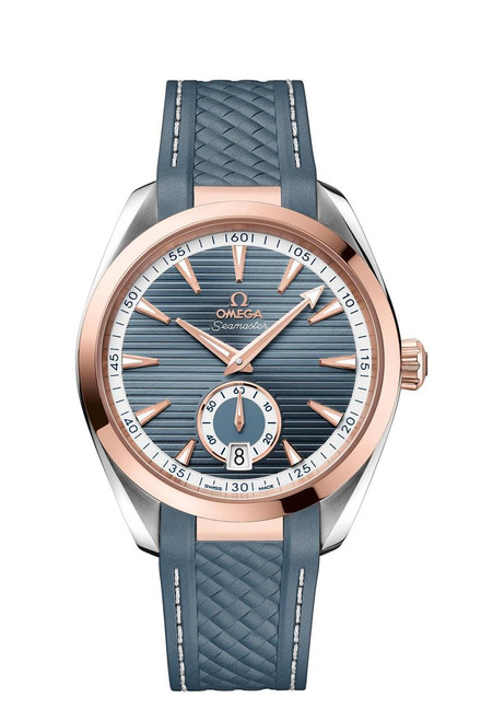 OMEGA Seamaster Aqua Terra 150M co-axial Master Chronometer Small Seconds 41 mm watch, blue textured dial with rose gold accents, stainless steel and rose gold case, blue rubber strap with stitched detail.