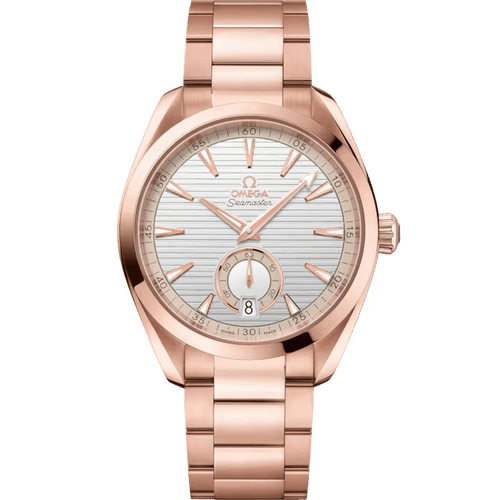 OMEGA Seamaster Aqua Terra 150M co-axial Master Chronometer Small Seconds 41 mm watch, rose gold with silver textured dial, date window at 6 o'clock, and small seconds subdial at 6 o'clock.