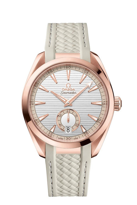 OMEGA Seamaster Aqua Terra 150M co-axial Master Chronometer Small Seconds 41 mm watch, rose gold case with white textured dial, white strap with quilting detail.