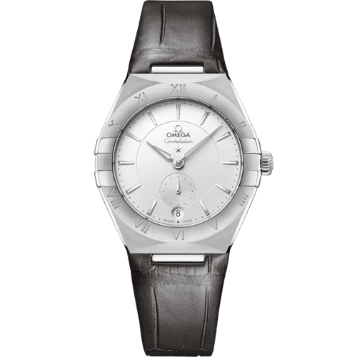 OMEGA Constellation Co-Axial Master Chronometer Small Seconds 34mm watch, silver dial with Roman numeral hour markers and black leather strap.