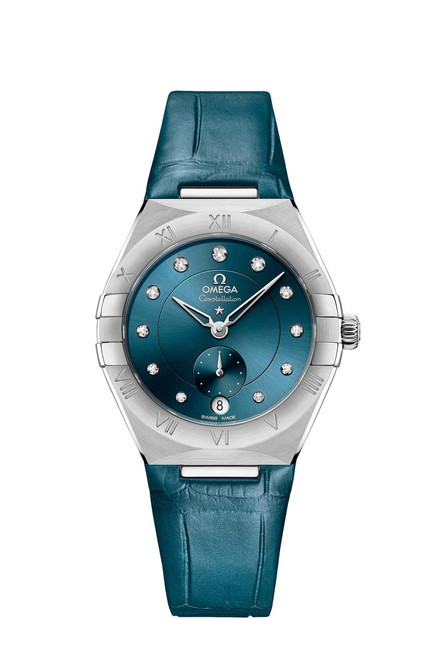 OMEGA Constellation co-axial Master Chronometer Small Seconds 34 mm watch, blue dial with diamond hour markers, stainless steel case, blue leather strap.