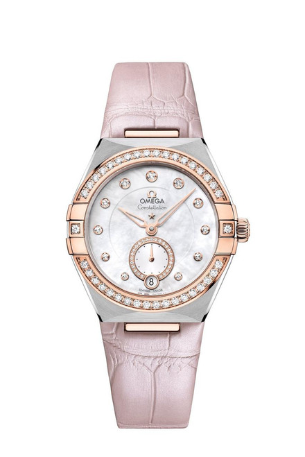 OMEGA Constellation co-axial Master Chronometer Small Seconds 34 mm watch, elegant timepiece with a white diamond-studded bezel, mother-of-pearl dial, pink gold accents, and pink leather strap.