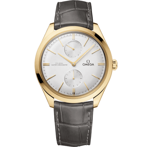 Omega De Ville Trésor Co-Axial Master Chronometer Power Reserve 40mm watch, featuring a gold case, silver dial, leather strap, and power reserve indicator.