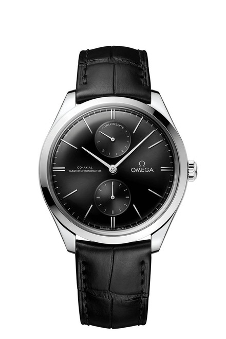 OMEGA De VilleTrésor co-axial Master Chronometer Power Reserve 40 mm watch, with black dial, silver case, and black leather strap.