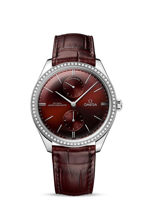 OMEGA De Ville Trésor Co-Axial Master Chronometer Power Reserve 40 mm watch, featuring a brown sunburst dial with diamond-set bezel and a brown leather strap.