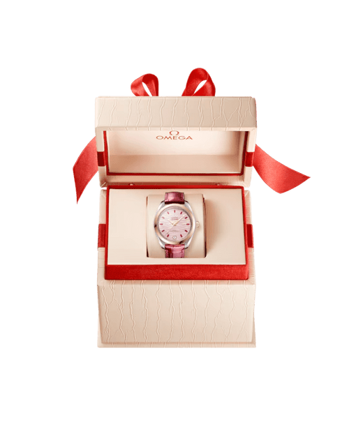 Omega Seamaster Aqua Terra 150M co-axial Master Chronometer 34 mm watch in a pink dial with red accents and a leather strap, presented in an elegant cream and red gift box.