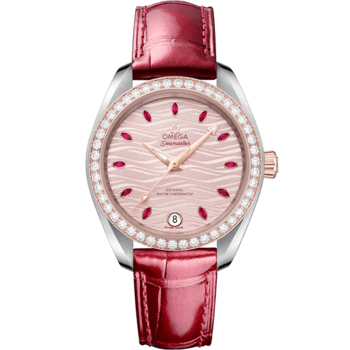 Omega Seamaster Aqua Terra 150M Co-Axial Master Chronometer 34 mm, pink dial watch with diamond-studded bezel, red leather strap, and pink and red accents on the dial.