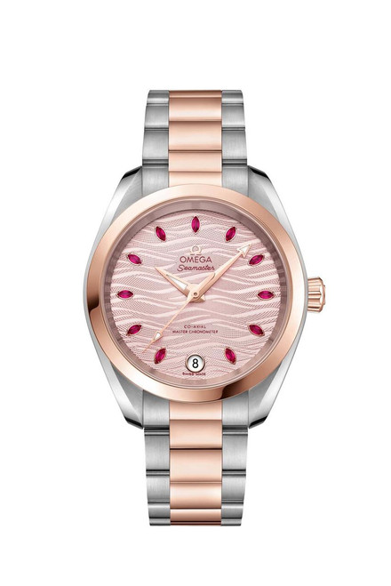 OMEGA Seamaster Aqua Terra 150M co-axial Master Chronometer 34 mm, a luxury wristwatch with a pink textured dial, rose gold accents, and a two-tone stainless steel and rose gold bracelet.