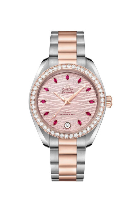 OMEGA Seamaster Aqua Terra 150M co-axial Master Chronometer 34 mm wristwatch, pink dial with diamond-set bezel and pink gemstone hour markers, two-tone rose gold and stainless steel bracelet.