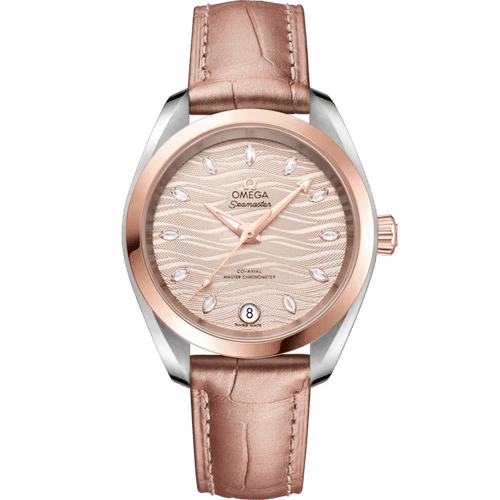 Omega Seamaster Aqua Terra 150M co-axial Master Chronometer 34 mm watch, close-up image showing rose gold bezel, beige patterned dial with rose gold hands and indices, and a light pink leather strap.