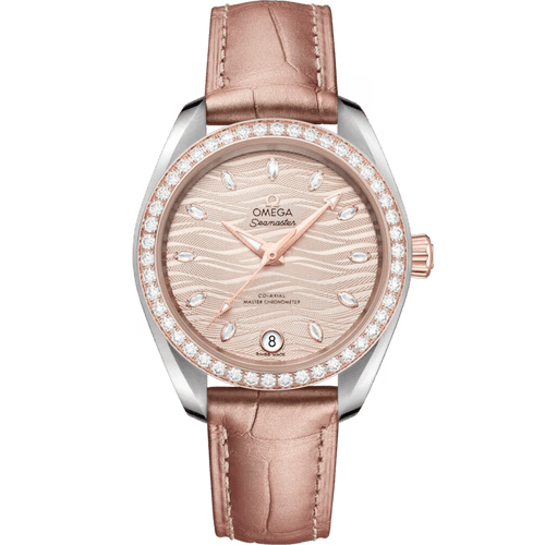 Omega Seamaster Aqua Terra 150M co-axial Master Chronometer 34 mm watch, elegant timepiece with rose gold accents, diamond-encrusted bezel, and blush pink leather strap.
