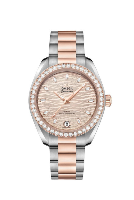 Omega Seamaster Aqua Terra 150M co-axial Master Chronometer 34 mm, luxury wristwatch with rose gold and stainless steel bracelet, diamond-set bezel, textured pink dial with diamond hour markers, date window at 6 o'clock, and elegant design.