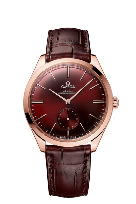 OMEGA De VilleTrésor co-axial Master Chronometer Small Seconds 40 mm, luxury wristwatch with a burgundy sunburst dial, gold case, and leather strap.