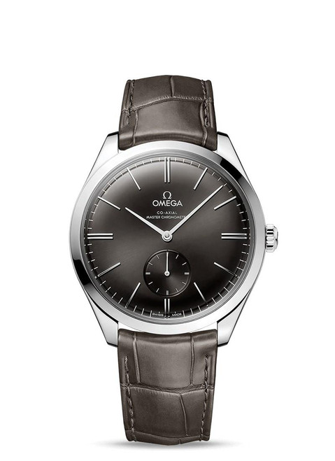 OMEGA De Ville Trésor co-axial Master Chronometer Small Seconds 40 mm watch, round stainless steel case with grey dial and small seconds sub-dial, leather strap.