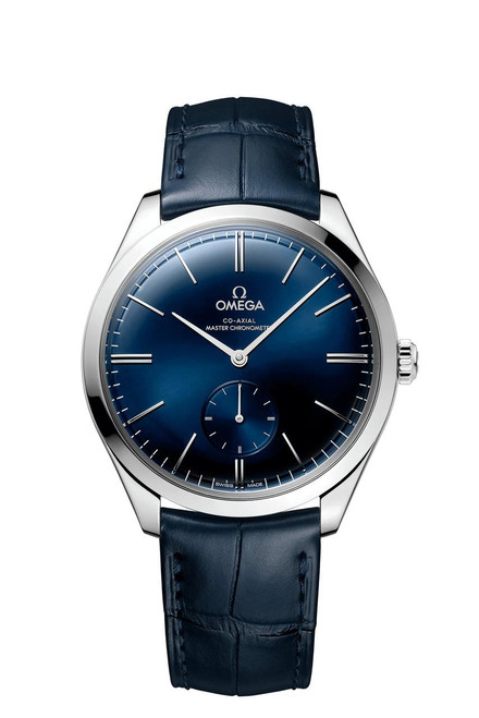 Omega De Ville Trésor Co-Axial Master Chronometer Small Seconds 40mm watch, blue dial with sleek design and leather strap.