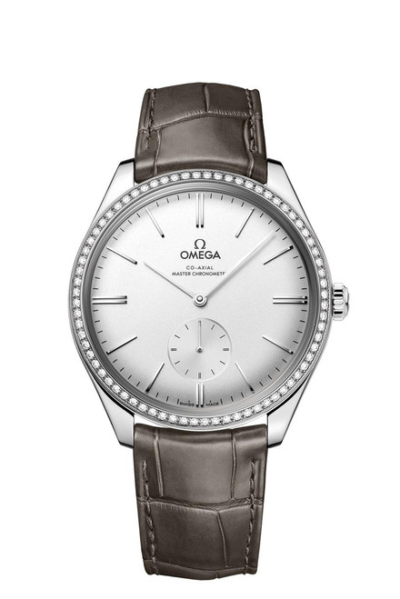 OMEGA De VilleTrésor co-axial Master Chronometer Small Seconds 40 mm watch, silver dial with diamond bezel, leather strap.