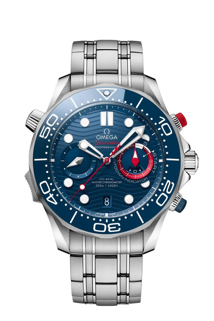 OMEGA Seamaster Diver 300M co-axial Master Chronometer Chronograph 44 mm, stainless steel watch with a blue dial, rotating bezel, and chronograph subdials.
