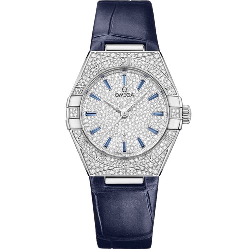 OMEGA Constellation co-axial Master Chronometer 29 mm, luxury silver watch with diamond-encrusted bezel, blue indices, and a dark blue leather strap.