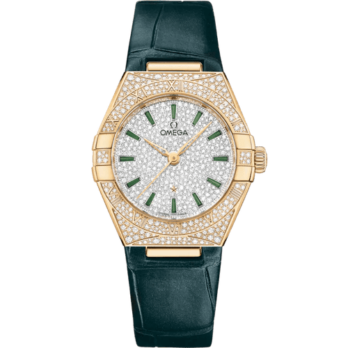 Omega Constellation Co-Axial Master Chronometer 29 mm watch, luxurious gold case adorned with diamonds, silver and diamond-paved dial, green hour markers, and dark leather strap.
