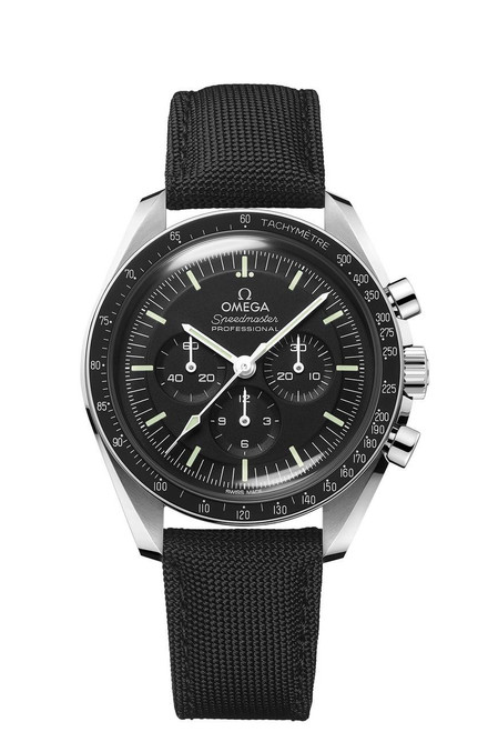 Omega Speedmaster Moonwatch Professional Co-Axial Master Chronometer Chronograph 42mm, a black dial watch with luminous hands and markers, tachymeter bezel, and black fabric strap.