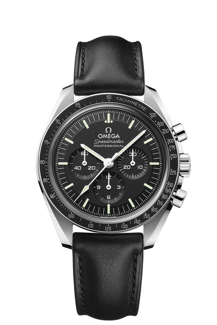 OMEGA Speedmaster Moonwatch Professional co-axial Master Chronometer Chronograph 42 mm, black dial with multiple subdials and a leather strap.
