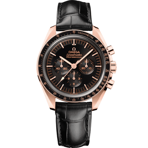 OMEGA Speedmaster Moonwatch Professional co-axial Master Chronometer Chronograph 42 mm, black dial with rose gold case, black leather strap, and multiple sub-dials for chronograph functions.