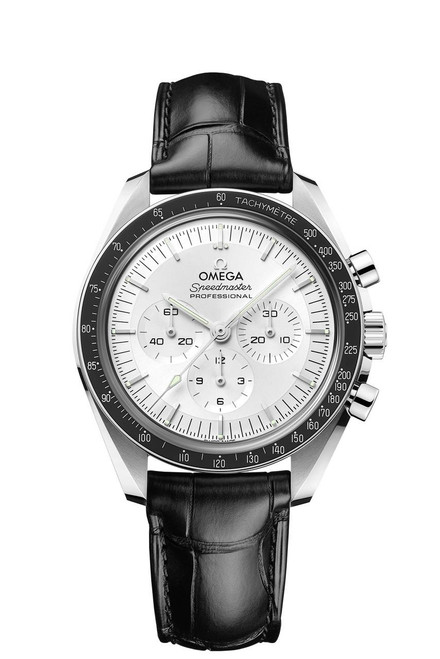 Omega Speedmaster Moonwatch Professional co-axial Master Chronometer Chronograph 42 mm, with a silver dial, black leather strap, and tachymeter bezel.