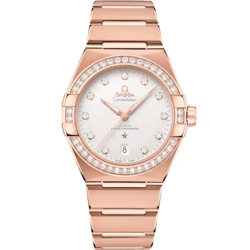OMEGA Constellation co-axial Master Chronometer 39 mm watch, elegant rose gold design with diamond-studded bezel and white dial with diamond hour markers.