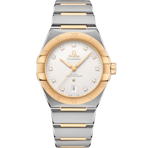 OMEGA Constellation co-axial Master Chronometer 39 mm watch, luxurious timepiece with a silver dial featuring diamond hour markers, a two-tone stainless steel and gold bracelet, and a gold bezel with Roman numeral engravings.