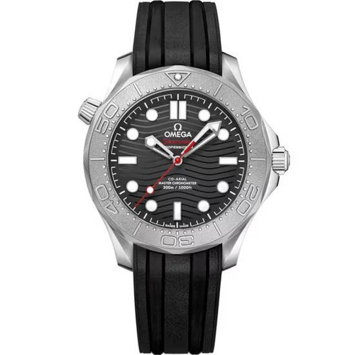 OMEGA Seamaster Diver 300M co-axial Master Chronometer 42 mm watch, black dial with luminous markers, stainless steel bezel, and black rubber strap.