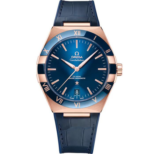 OMEGA Constellation co-axial Master Chronometer 41 mm, close-up image of a luxury wristwatch featuring a blue dial with Roman numeral hour markers, rose gold case, and blue leather strap.
