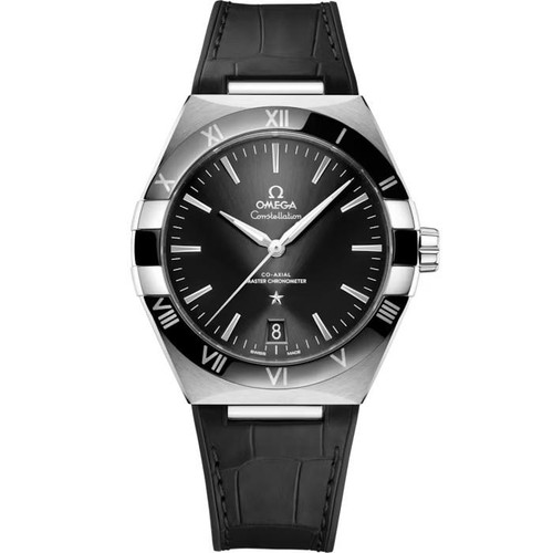 Omega Constellation Co-Axial Master Chronometer 41 mm, a luxury men's wristwatch featuring a black dial, silver-tone hands and hour markers, date display at 6 o'clock, and a black leather strap.