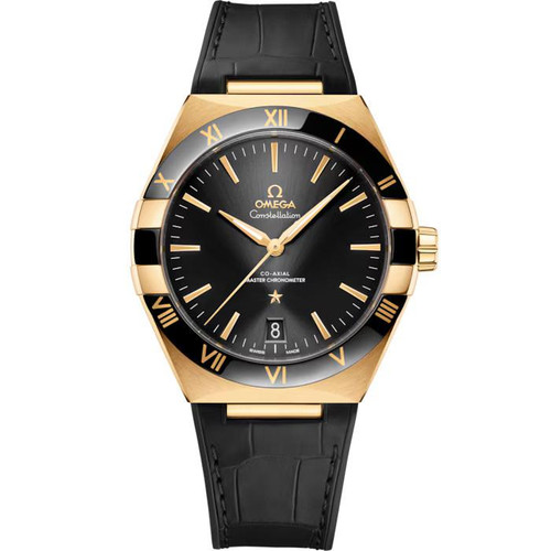 OMEGA Constellation co-axial Master Chronometer 41 mm watch, black dial with gold-tone Roman numeral hour markers and hands, black bezel with gold accents, black leather strap.