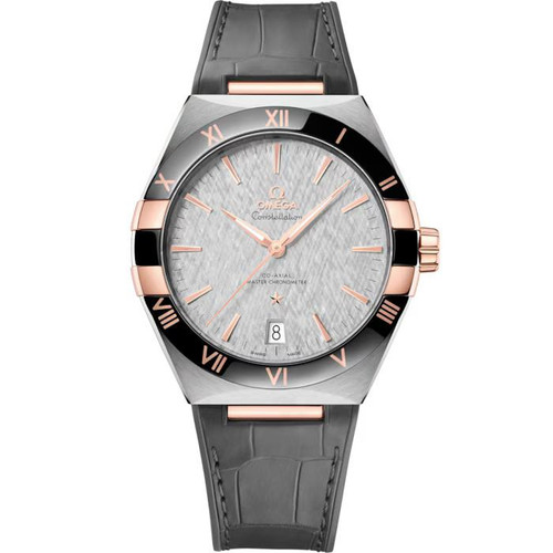 Omega Constellation Co-Axial Master Chronometer 41 mm watch, silver dial with rose gold accents, black and rose gold bezel, grey leather strap.