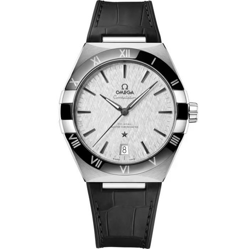 Omega Constellation Co-Axial Master Chronometer 41 mm watch, silver dial with black and silver bezel, black leather strap, and date display at 6 o'clock.