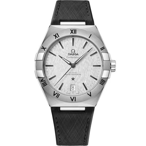 OMEGA Constellation co-axial Master Chronometer 41 mm wristwatch, silver dial with Roman numeral bezel, black strap, and date display at 6 o'clock.