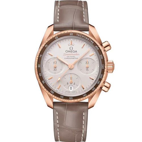 OMEGA Speedmaster 38 co-axial Chronometer Chronograph 38 mm watch, featuring a rose gold case, white dial with chronograph sub-dials, and taupe leather strap.