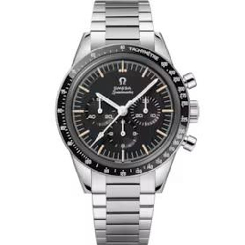 OMEGA SpeedmasterCalibre 321 Chronograph 39.7 mm, front view of the luxury stainless steel wristwatch with black dial, chronograph subdials, and tachymeter bezel.