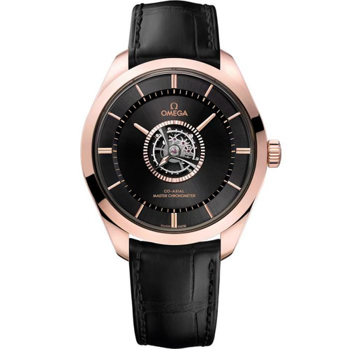 OMEGA De Ville Tourbillon Co-Axial Master Chronometer 43 mm watch, features a black dial with rose gold case and black leather strap, showcasing a skeletonized tourbillon mechanism at the center.
